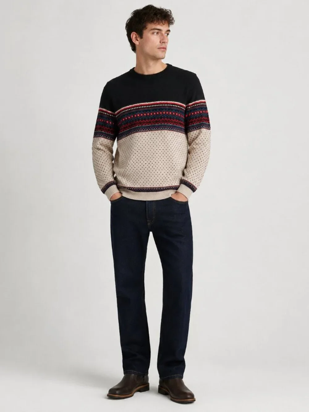 Free Assembly Men’s Fair Isle Crewneck Sweater Black Cream Red Nordic Winter NWT